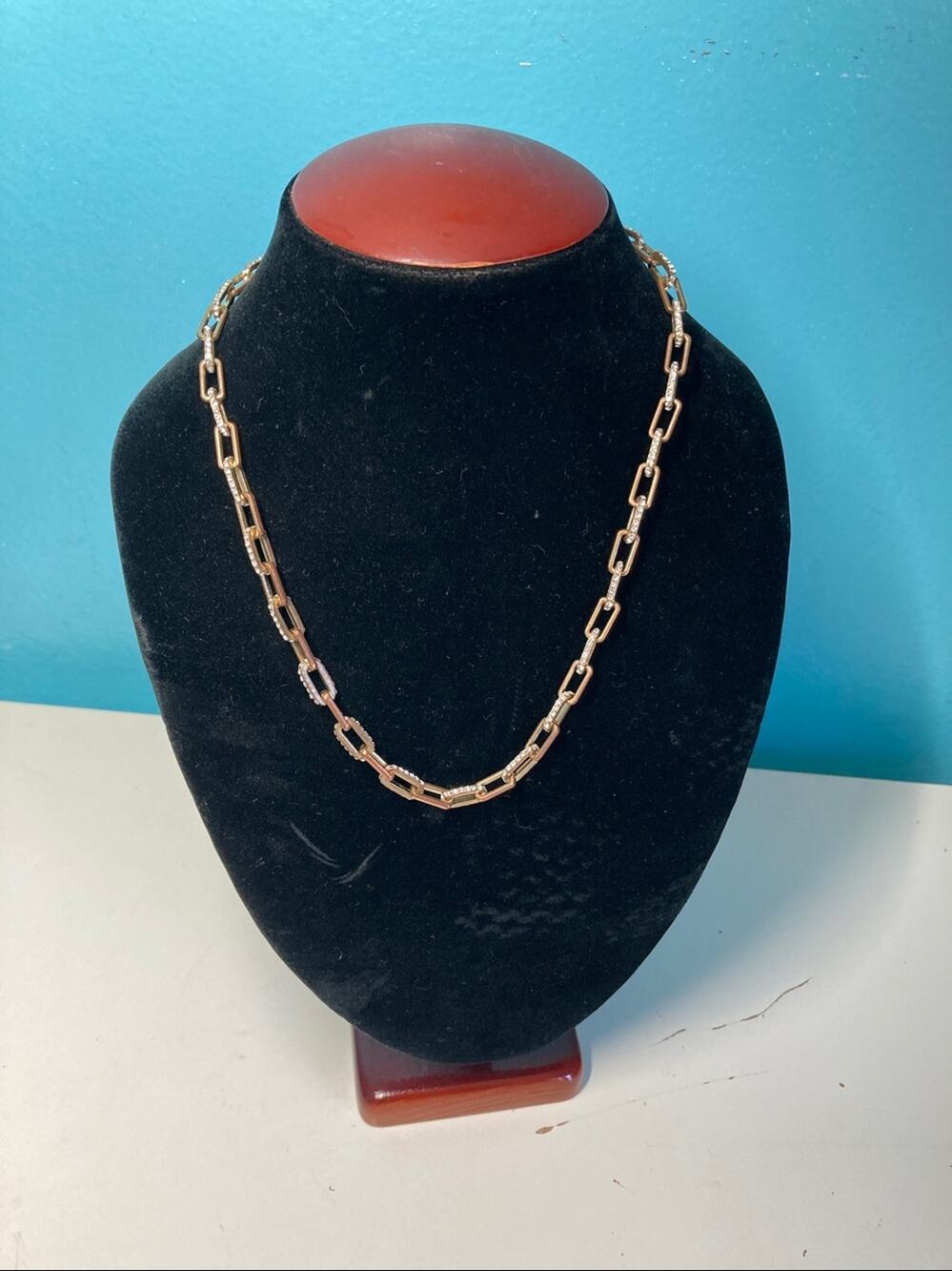 Fashion Paperclip Chain Necklace with Rhinestone Accents 18” Around